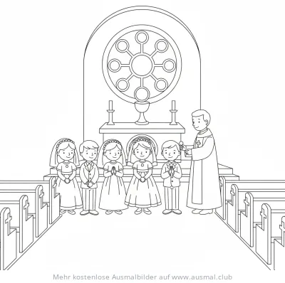 Kommunionkinder in Kirche mit Priester Ausmalbild