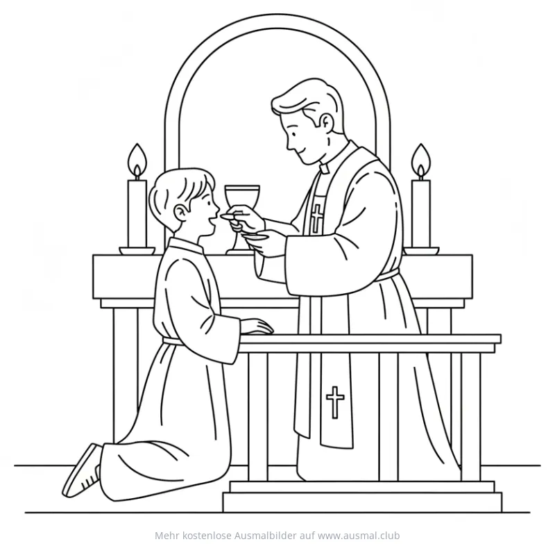 Kommunionkind empfängt Kommunion Ausmalbild