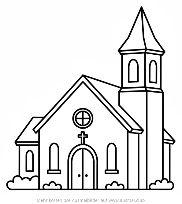 Kirche Ausmalbild mit Kirchturm und Kreuz