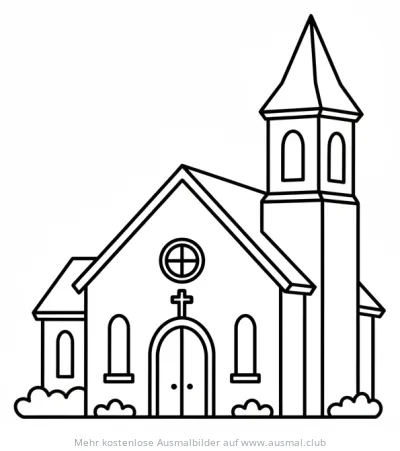 Kirche Ausmalbild mit Kirchturm und Kreuz