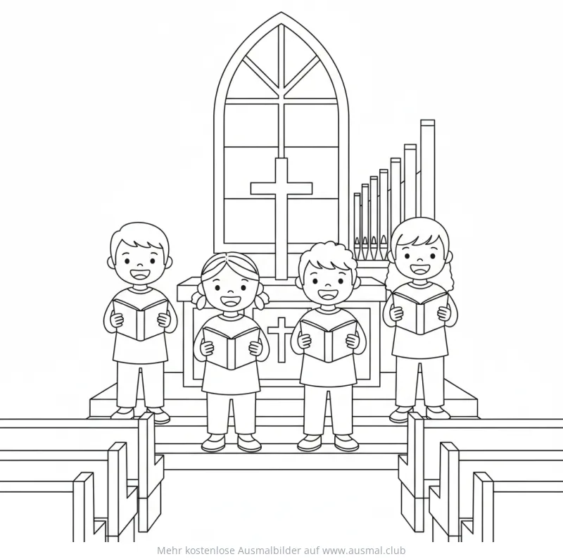 Singende Kinder vor Altar mit Kreuz Ausmalbild