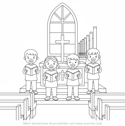 Singende Kinder vor Altar mit Kreuz Ausmalbild