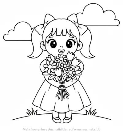 Mädchen mit Blumenstrauß Ausmalbild