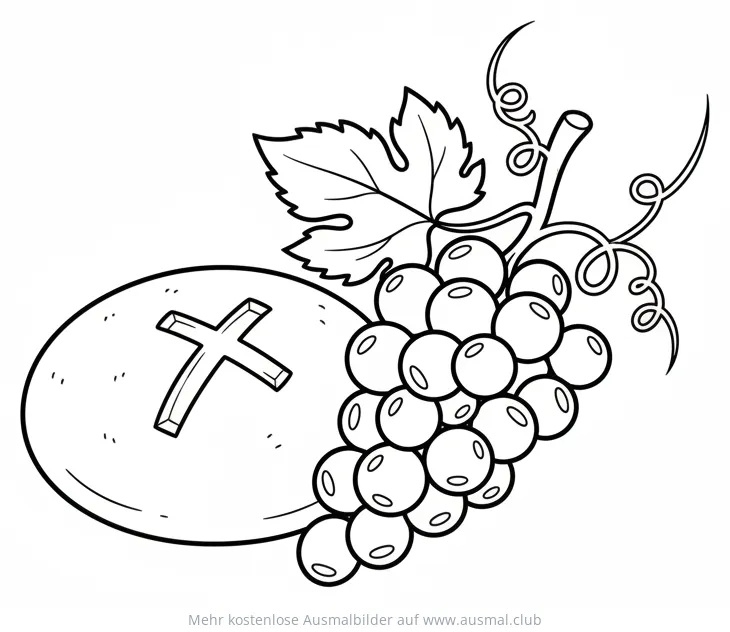 Kommunion Ausmalbild mit Brot, Kreuz und Trauben