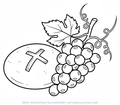 Kommunion Ausmalbild mit Brot, Kreuz und Trauben