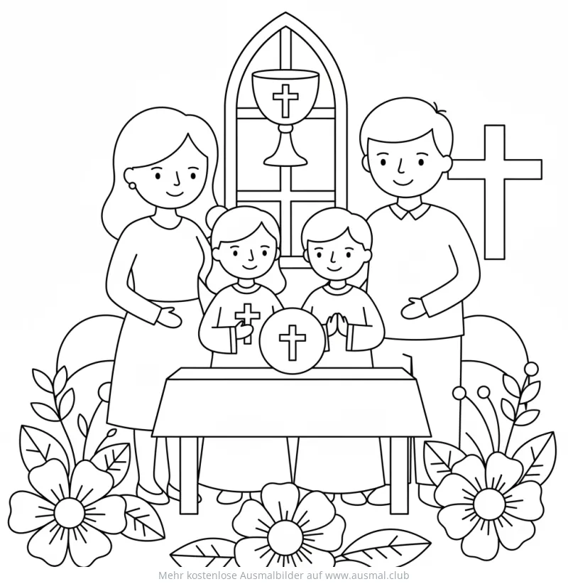 Familie feiert Kommunion Ausmalbild