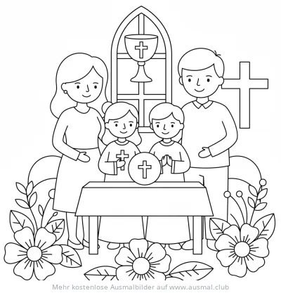 Familie feiert Kommunion Ausmalbild