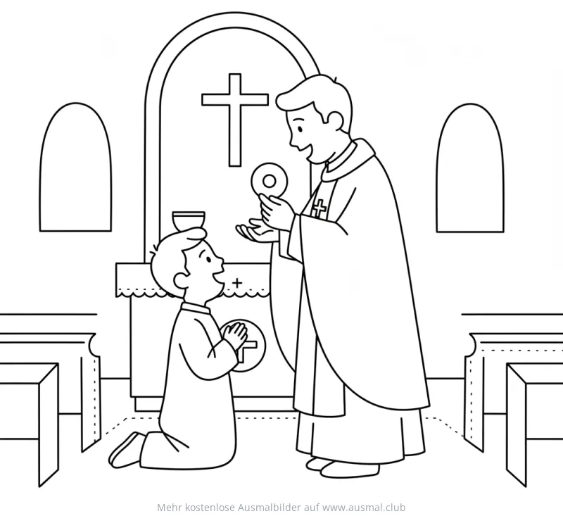 Kommunion Ausmalbild: Junge empfängt Hostie vom Priester