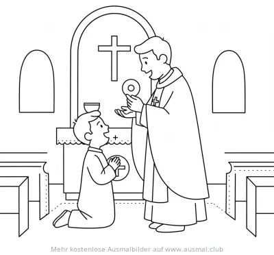 Kommunion Ausmalbild: Junge empfängt Hostie vom Priester