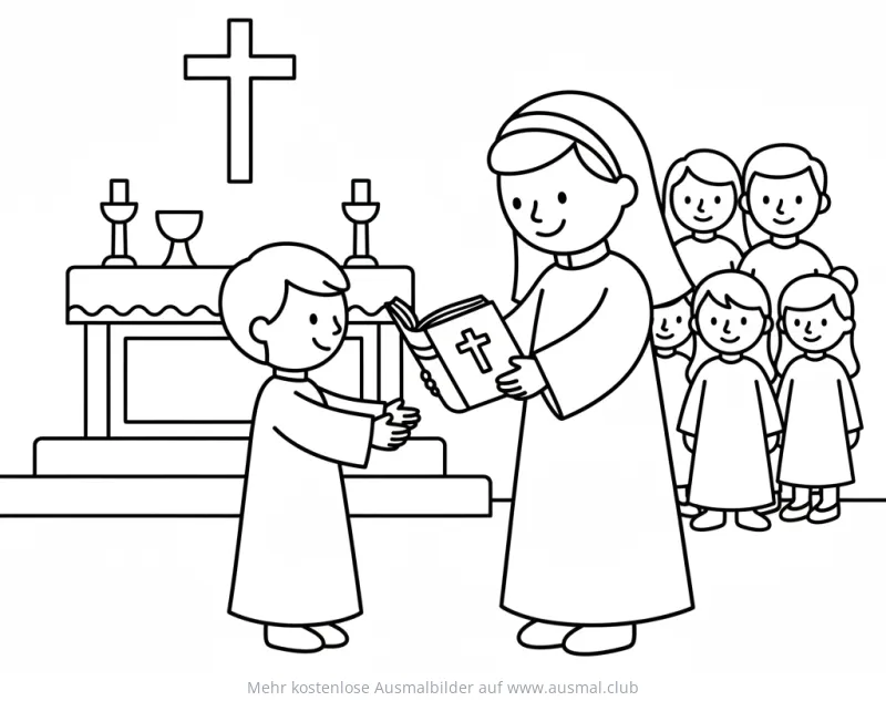 Kommunion Ausmalbild mit Bibel und Kindern