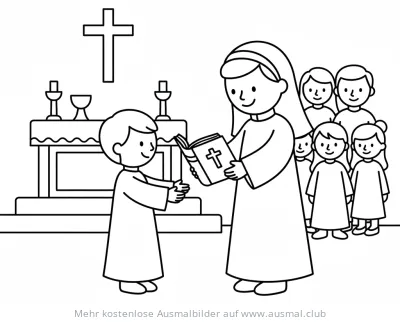 Kommunion Ausmalbild mit Bibel und Kindern