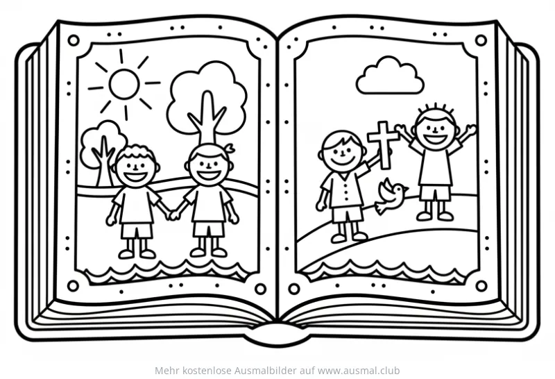 Kommunion Ausmalbild mit Bibel, Kindern, Kreuz und Taube