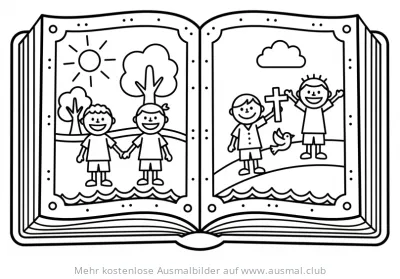 Kommunion Ausmalbild mit Bibel, Kindern, Kreuz und Taube