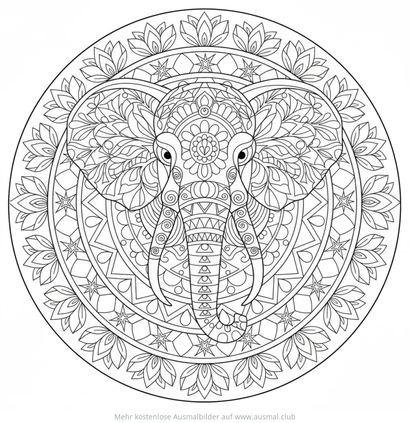 Elefant Mandala Ausmalbild mit floralen Mustern