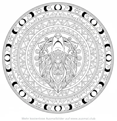 Wolf Mandala Ausmalbild mit Mondphasen