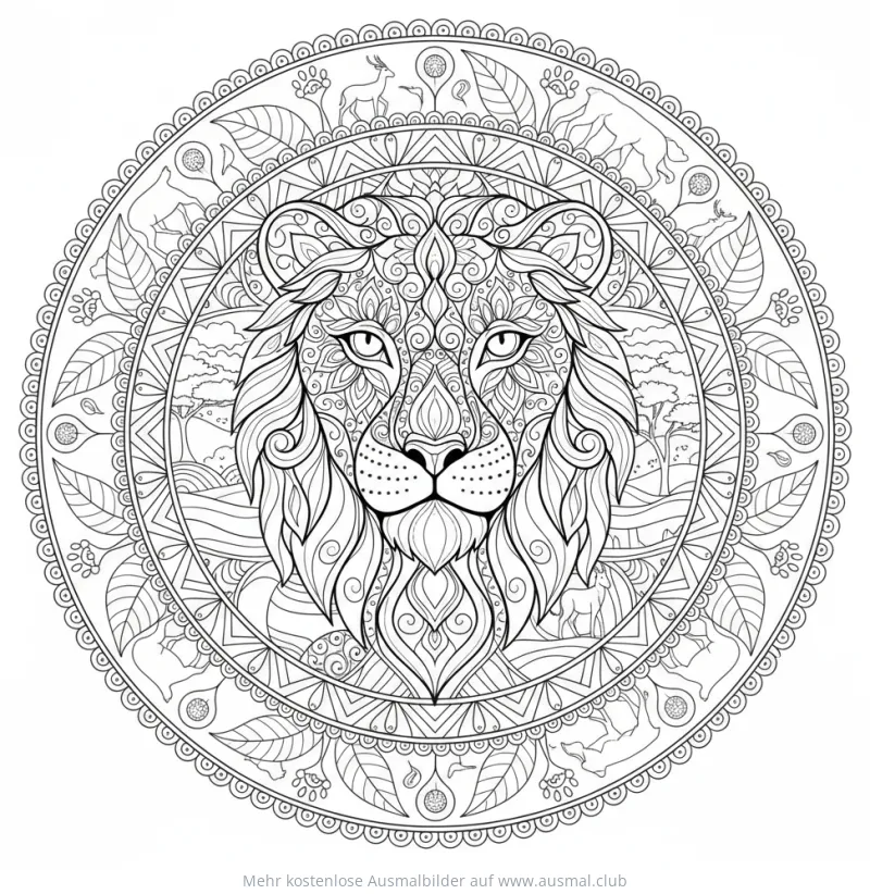 Löwin Mandala Ausmalbild mit Naturmotiven