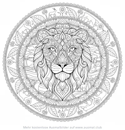 Löwin Mandala Ausmalbild mit Naturmotiven