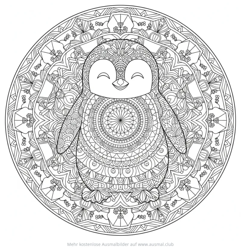 Pinguin Mandala Ausmalbild mit feinen Mustern