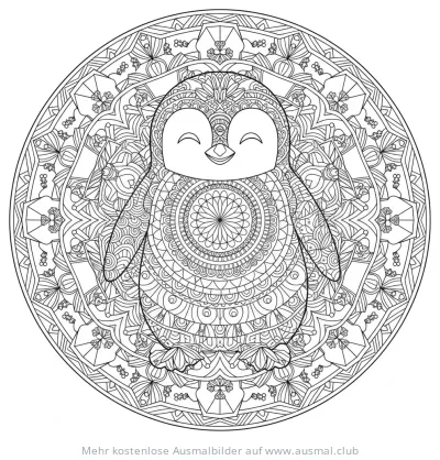 Pinguin Mandala Ausmalbild mit feinen Mustern