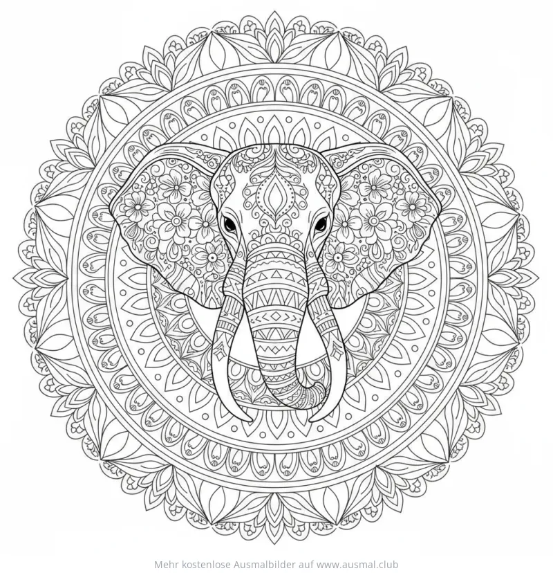 Elefant Mandala Ausmalbild mit floralen Mustern