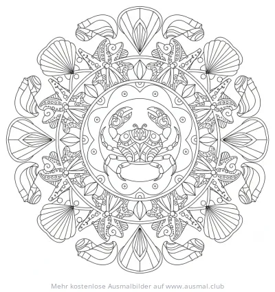 Krebs Ausmalbild mit Mandala, Muscheln und Seesterne