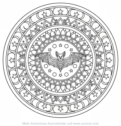 Fledermaus Mandala Ausmalbild mit Sternen und Monden