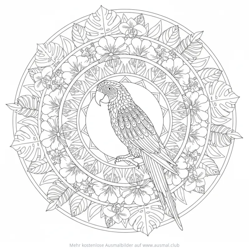 Ara Ausmalbild im floralen Mandala