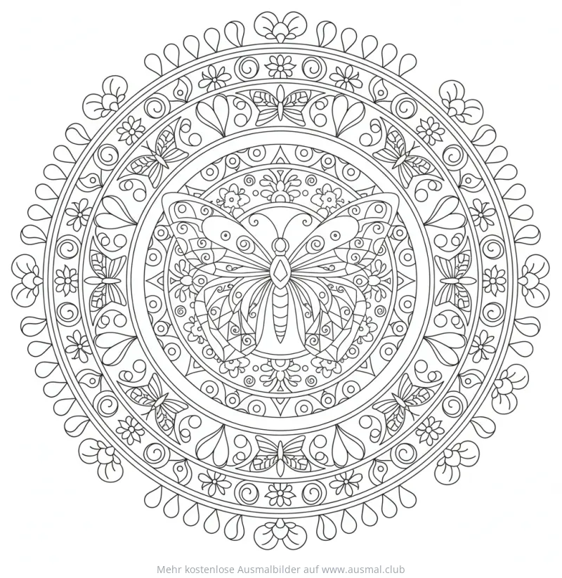 Schmetterling Mandala Ausmalbild mit Blumen und Ornamenten