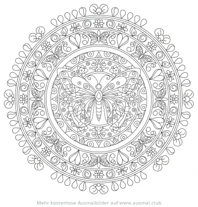 Schmetterling Mandala Ausmalbild mit Blumen und Ornamenten
