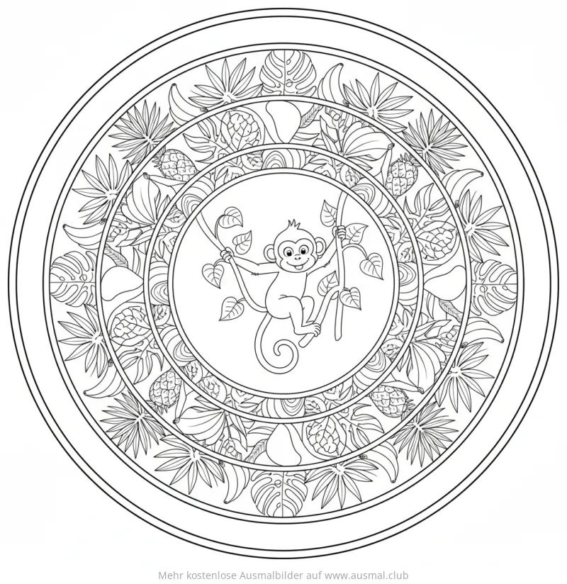 Affe schwingt an Liane im tropischen Früchte Mandala Ausmalbild