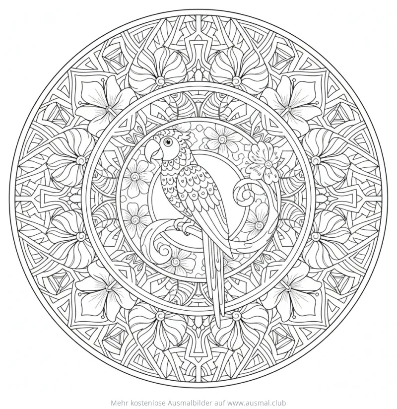 Papagei im Mandala Ausmalbild mit Blumen