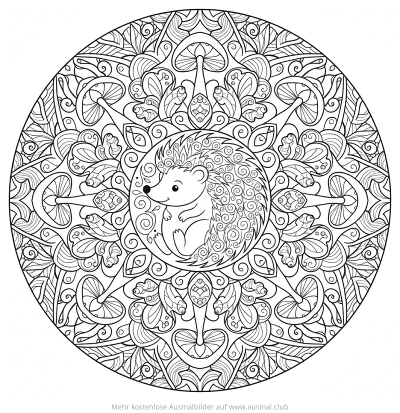 Igel Mandala Ausmalbild mit Pilzen