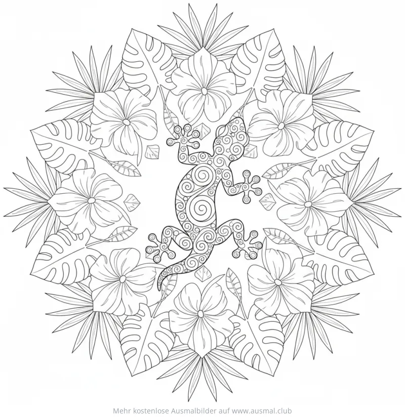 Gecko Mandala Ausmalbild mit tropischen Pflanzen