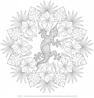 Gecko Mandala Ausmalbild mit tropischen Pflanzen