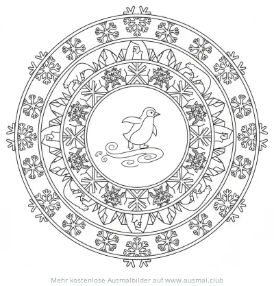 Pinguin Mandala Ausmalbild mit Schneeflocken und Eisbären