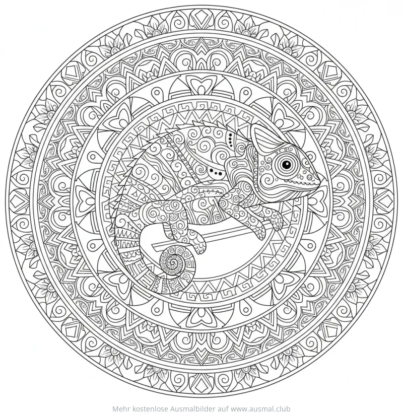 Chamäleon klettert auf Ast in Mandala Ausmalbild