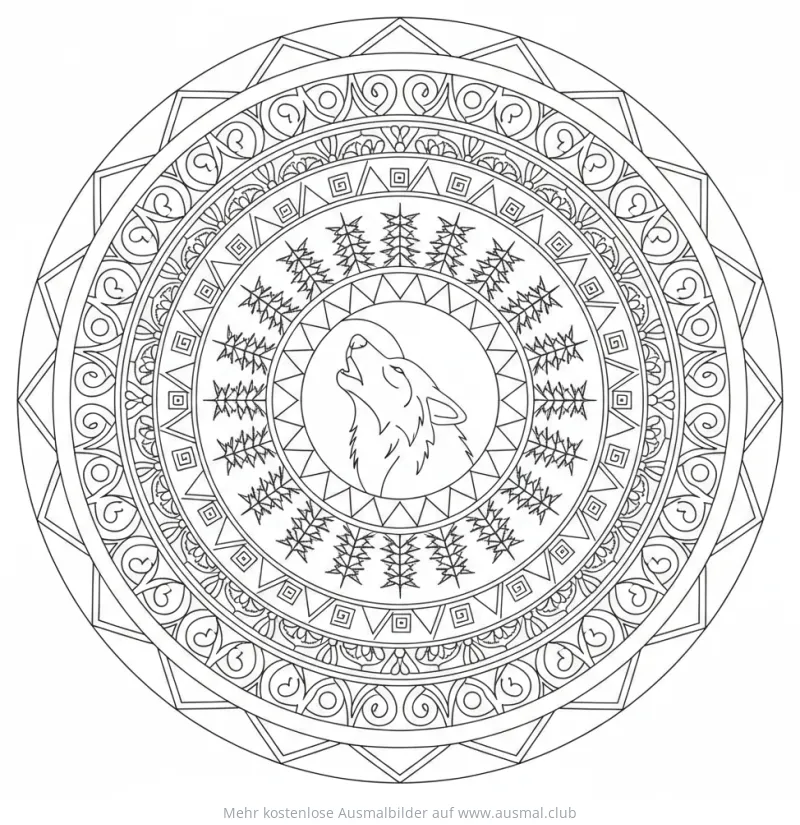 Heulender Wolf im Mandala Ausmalbild