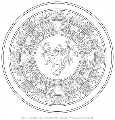 Affe schwingt an Liane in Dschungel-Mandala Ausmalbild
