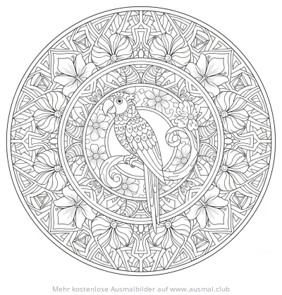 Papagei Ausmalbild als Mandala mit floralen Elementen