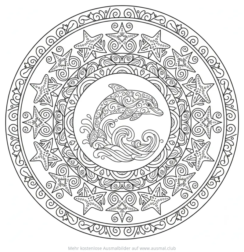 Delfin Mandala Ausmalbild mit Seesternen und Wellen
