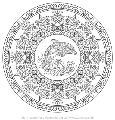 Delfin Mandala Ausmalbild mit Seesternen und Wellen
