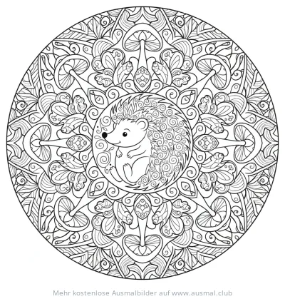 Igel Mandala Ausmalbild mit Pilzen und Blättern