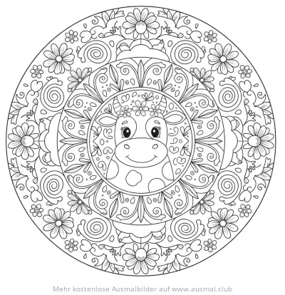 Kuh Mandala Ausmalbild mit Blumenkranz