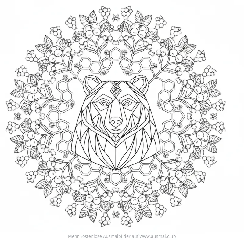 Bär Mandala Ausmalbild mit Beeren und Bienen