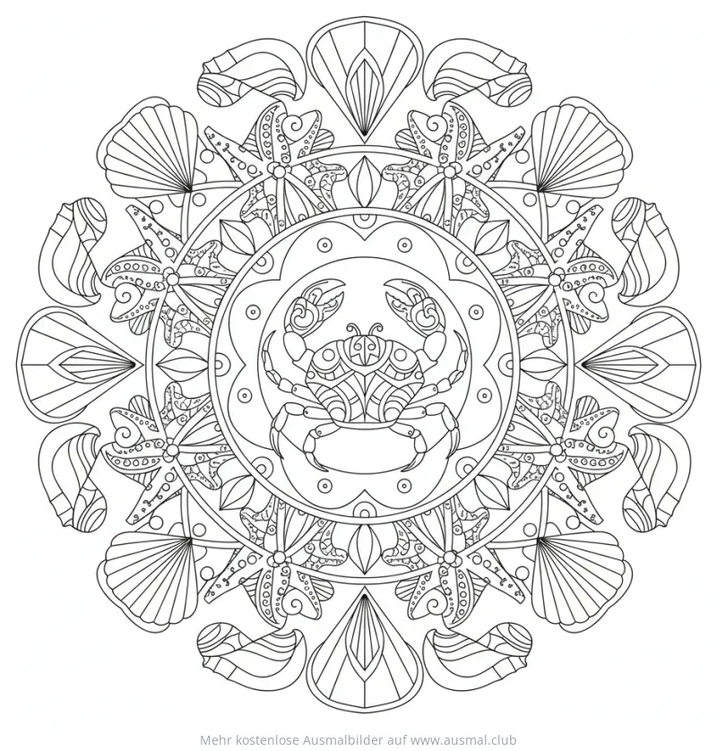 Krebs Mandala Ausmalbild mit Seesternen und Muscheln