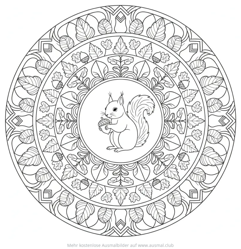 Eichhörnchen mit Eichel im Blätterkranz Mandala Ausmalbild