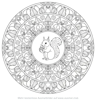 Eichhörnchen mit Eichel im Blätterkranz Mandala Ausmalbild