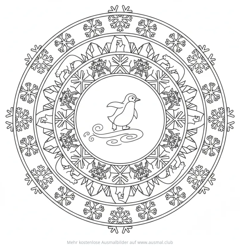 Pinguin Mandala Ausmalbild mit Schneeflocken und Eisbären