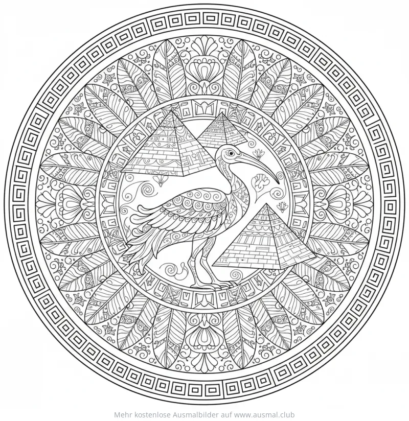 Ibis mit Pyramiden Mandala Ausmalbild