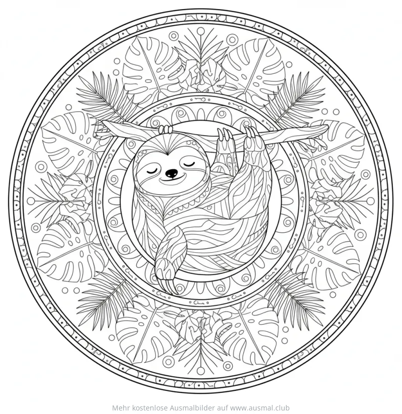 Faultier Mandala Ausmalbild mit tropischen Blättern